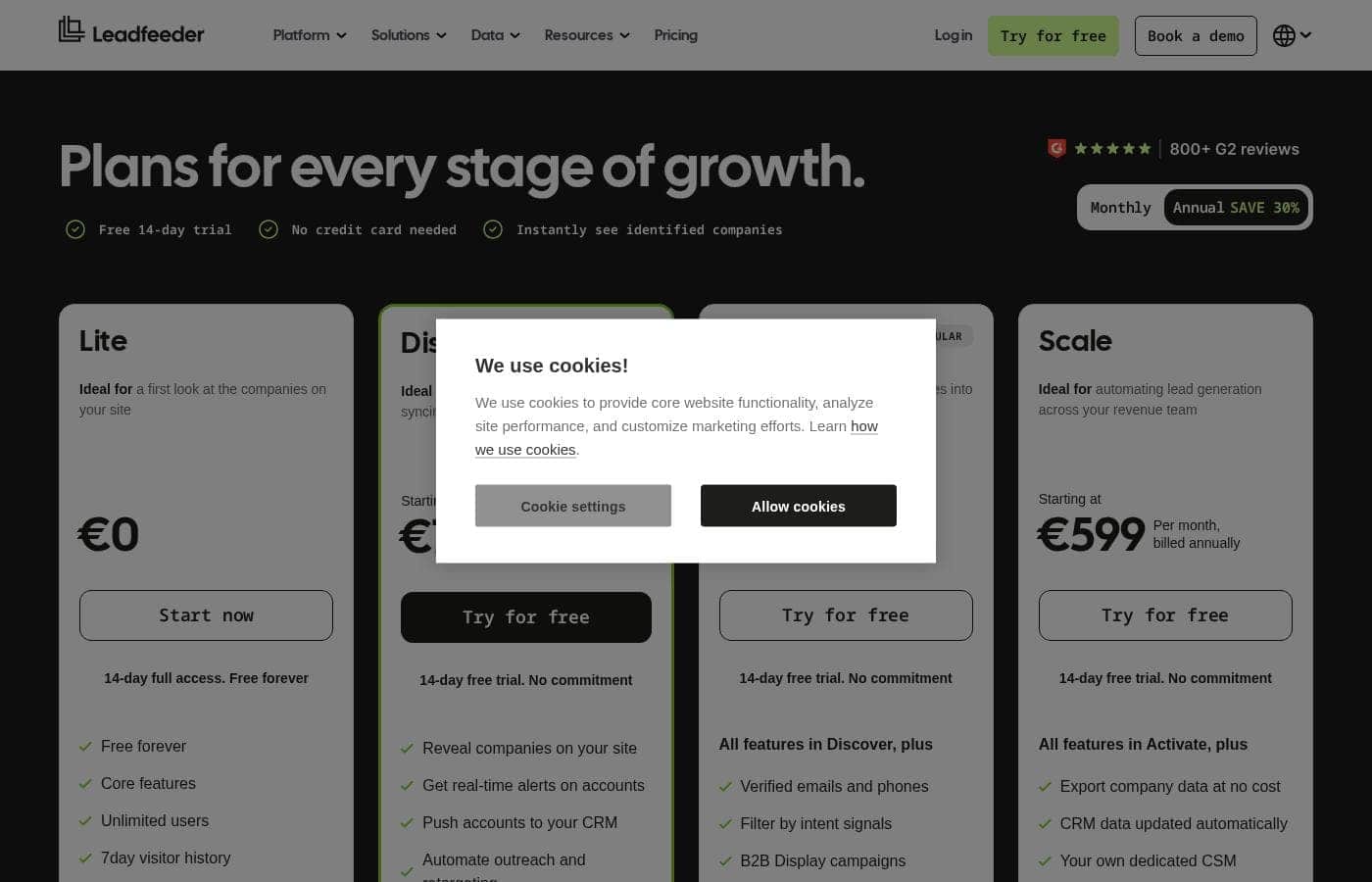 Leadfeeder pricing page screenshot
