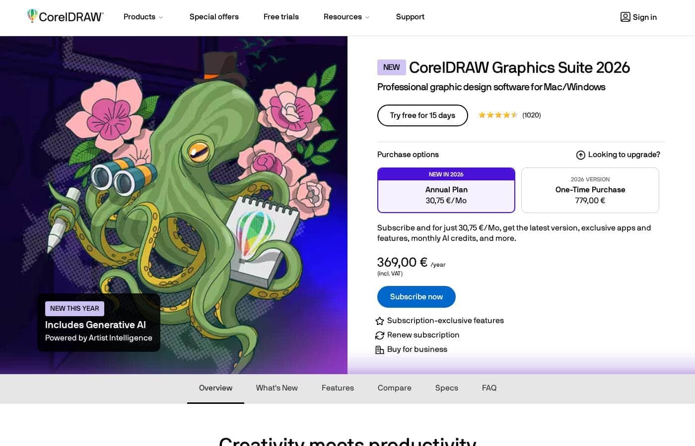 Screenshot della pagina prezzi di CorelDRAW