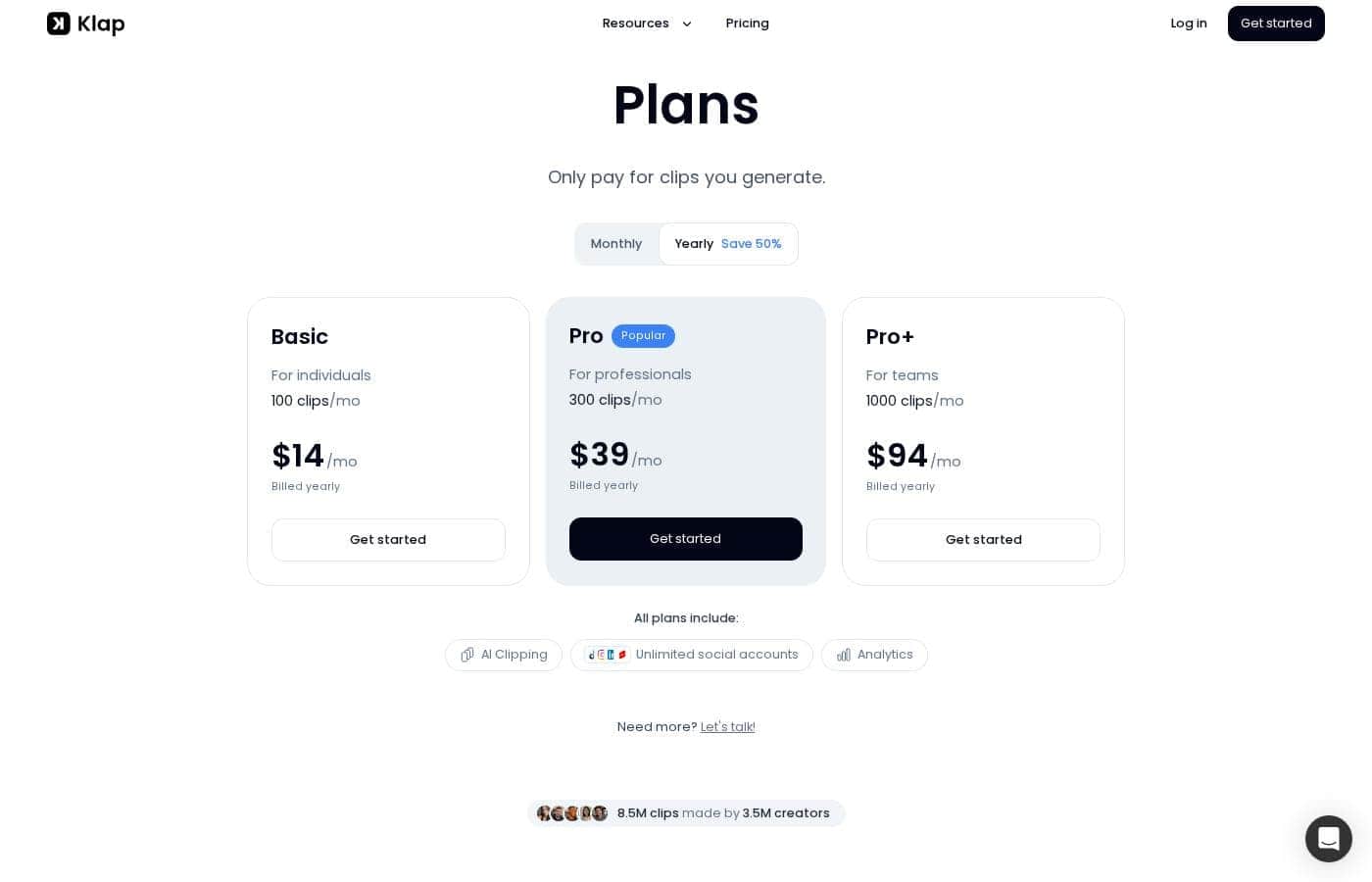 Klap pricing page screenshot
