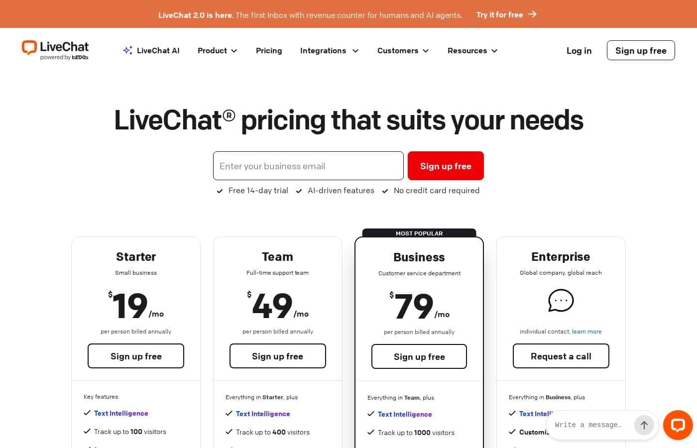 LiveChat pricing page screenshot