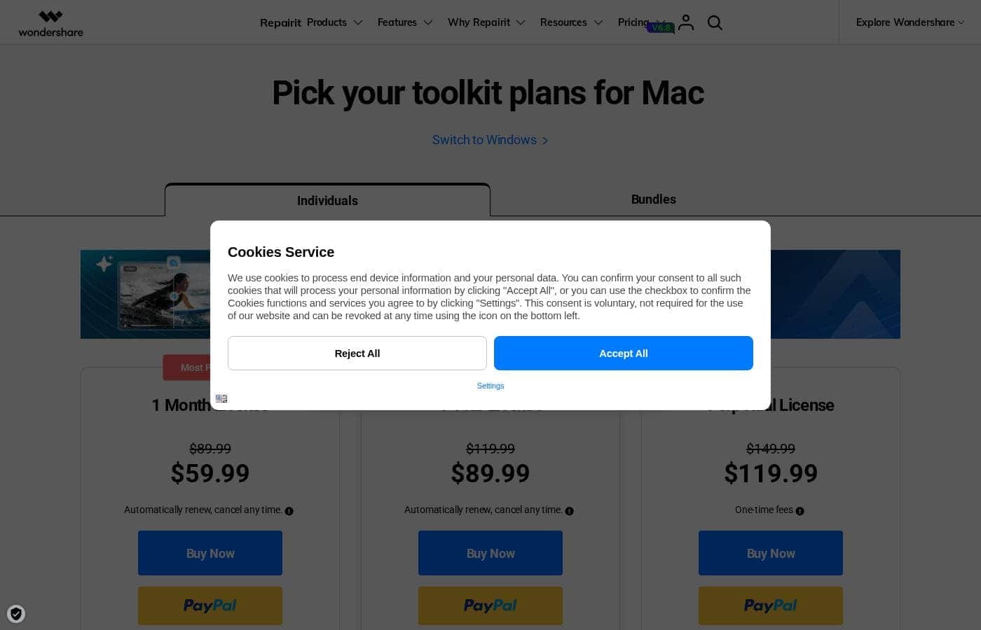 Repairit pricing page screenshot