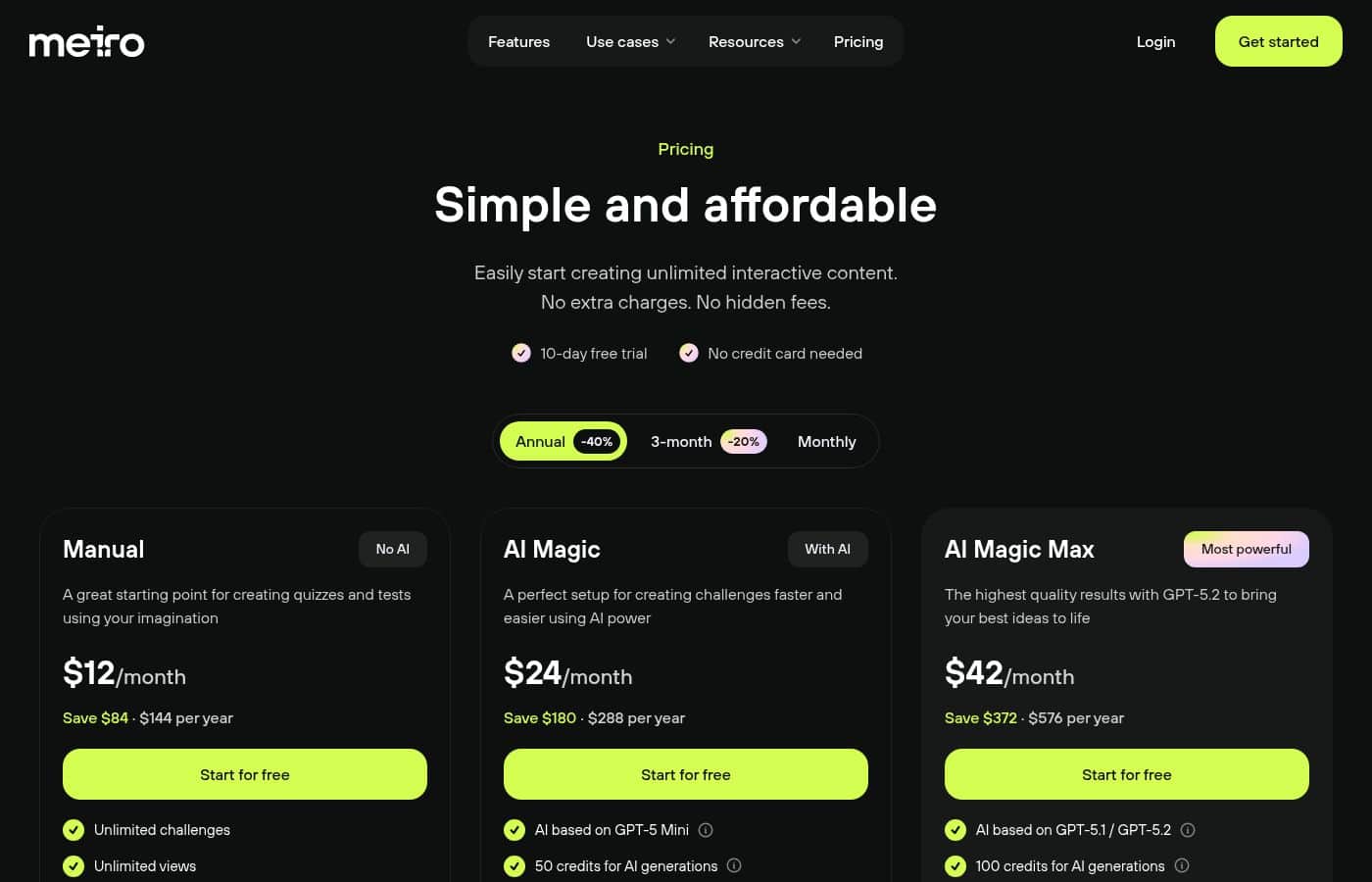 Meiro pricing page screenshot