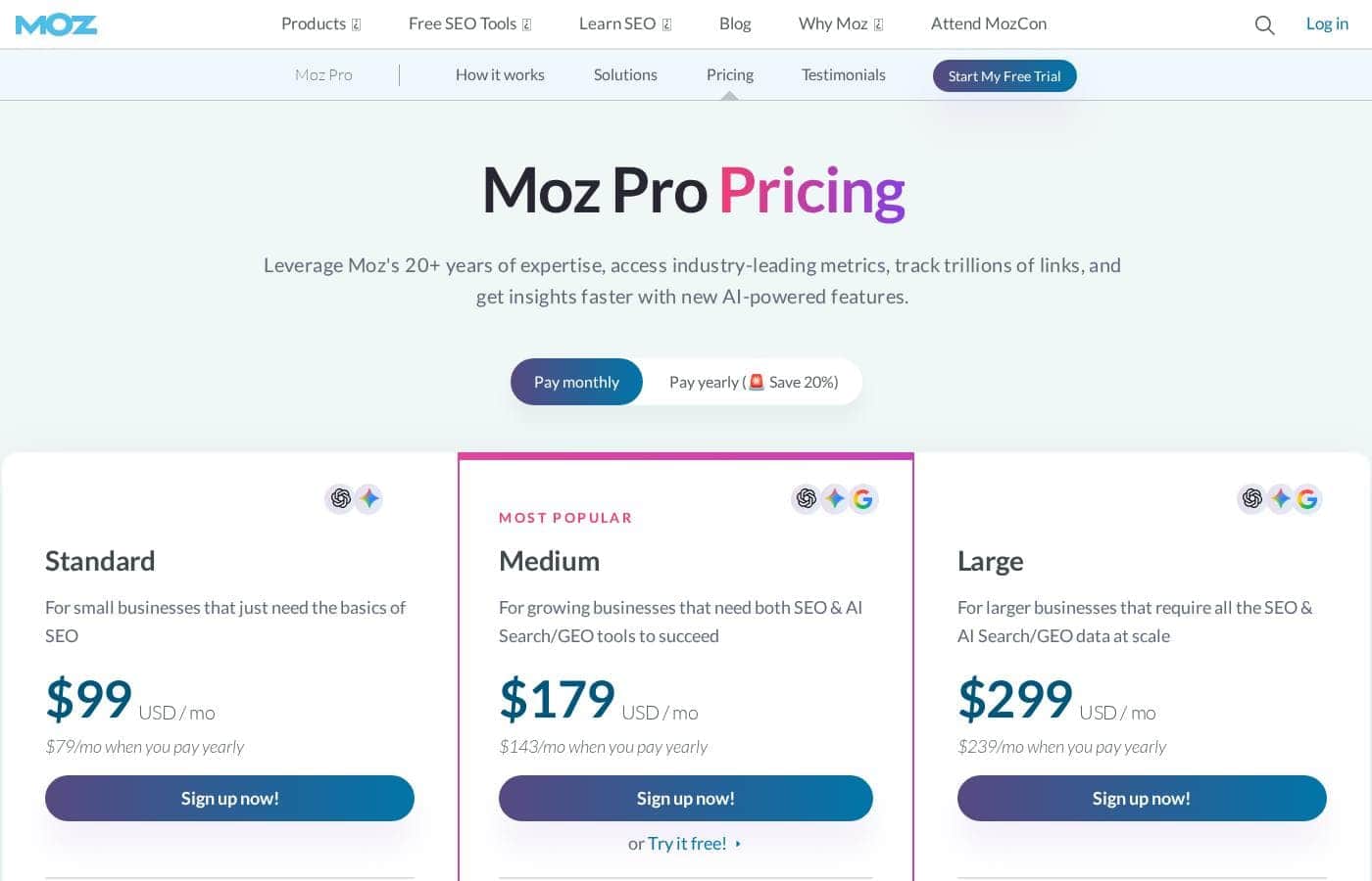 Moz pricing page screenshot