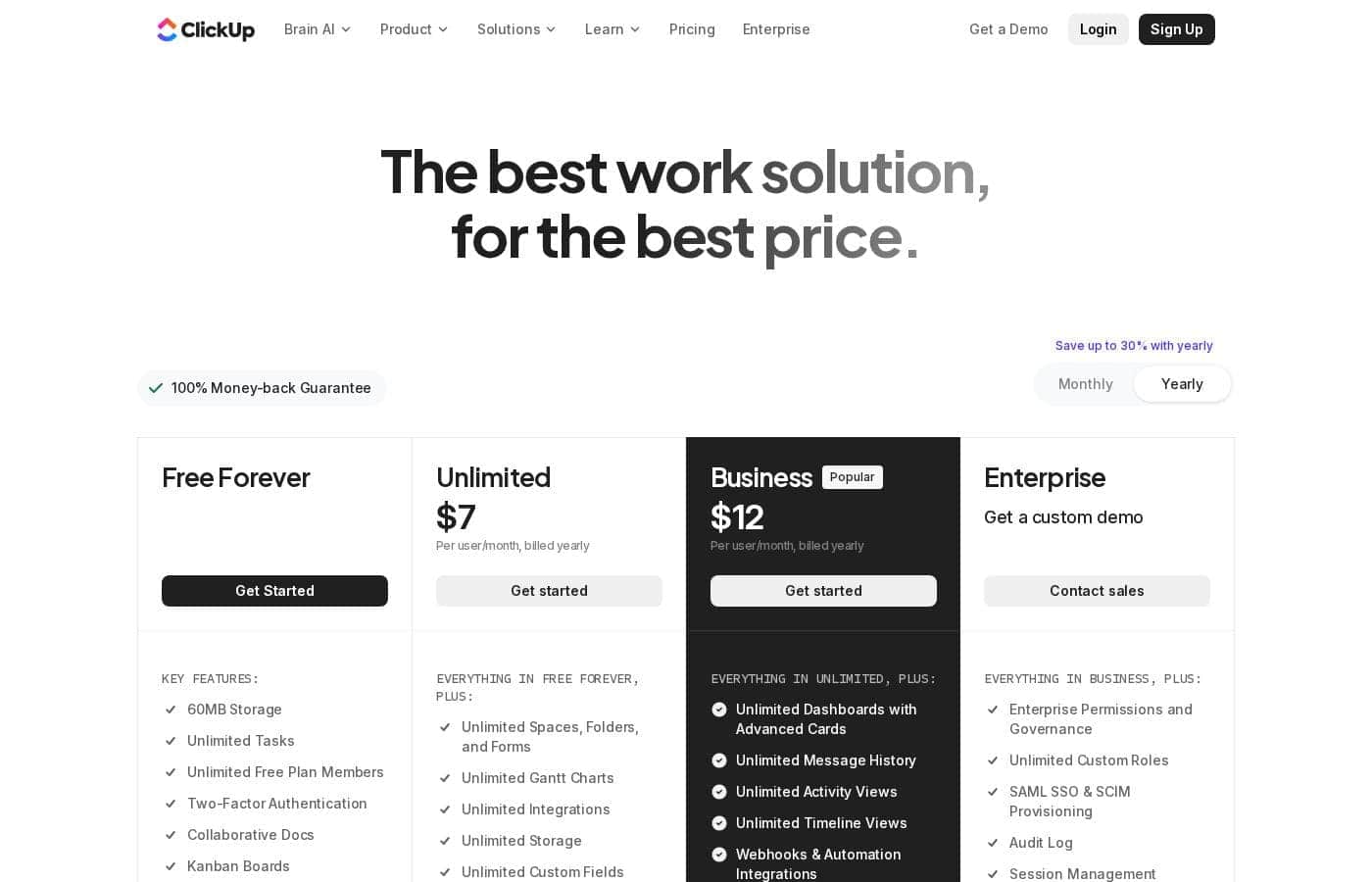 ClickUp pricing page screenshot