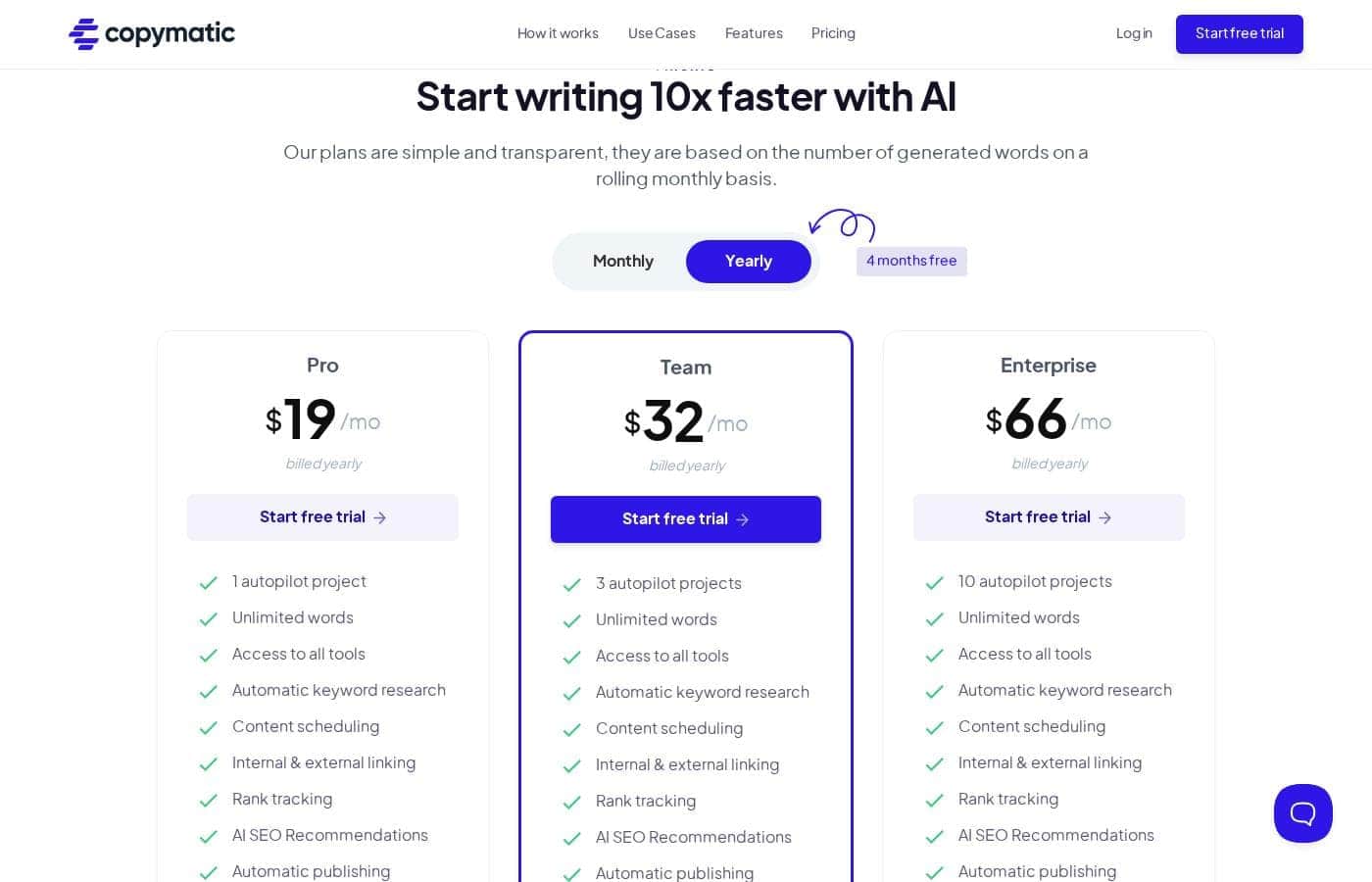 Copymatic pricing page screenshot