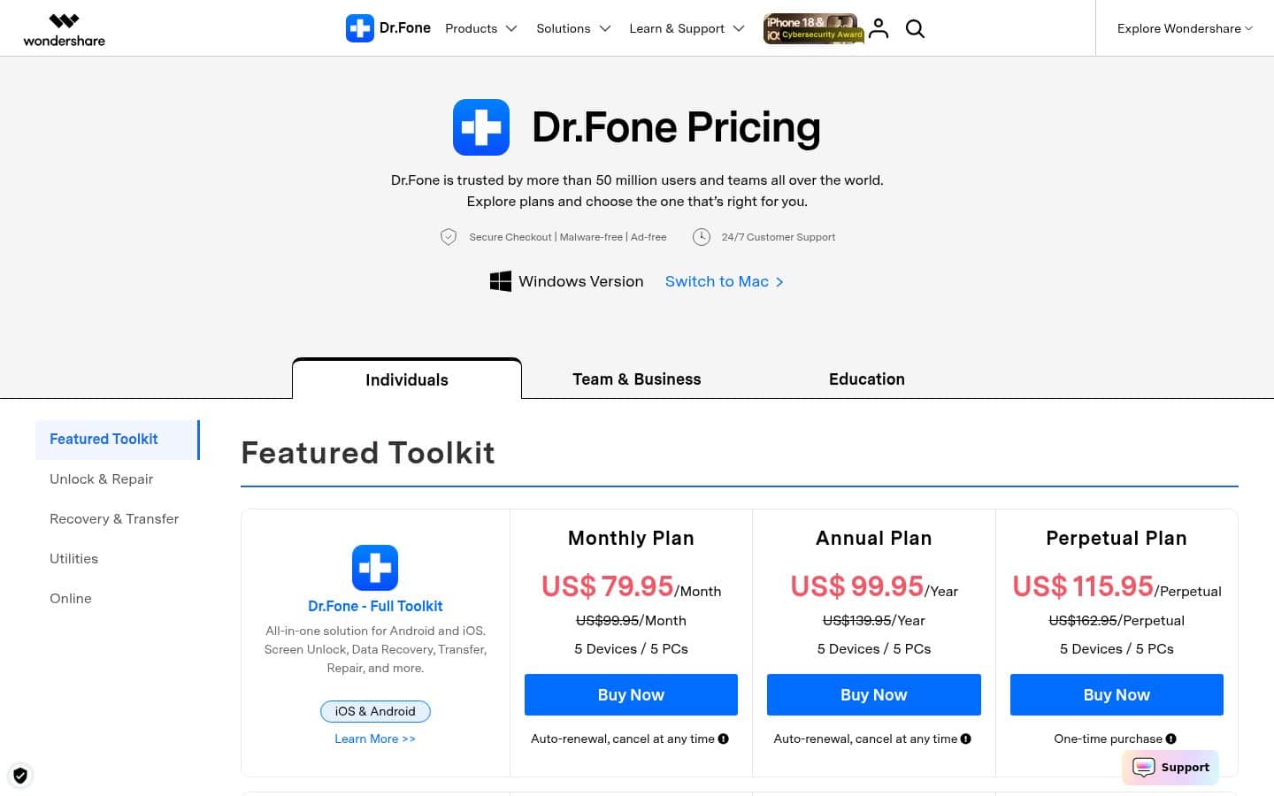 Screenshot della pagina prezzi di Dr.Fone