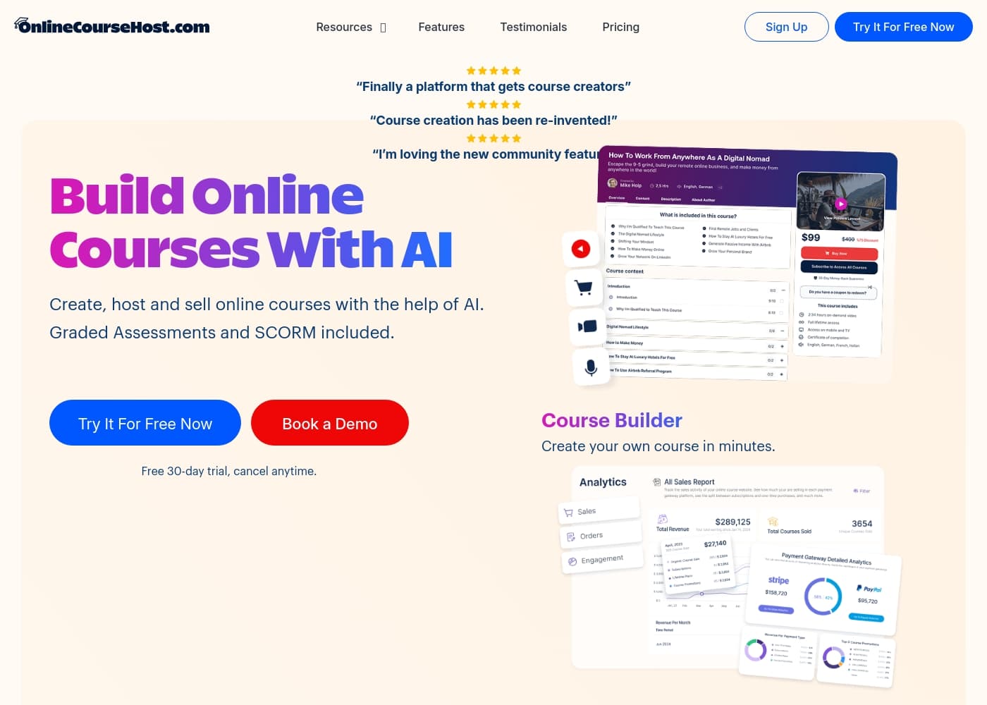 Ảnh chụp màn hình trang chủ OnlineCourseHost