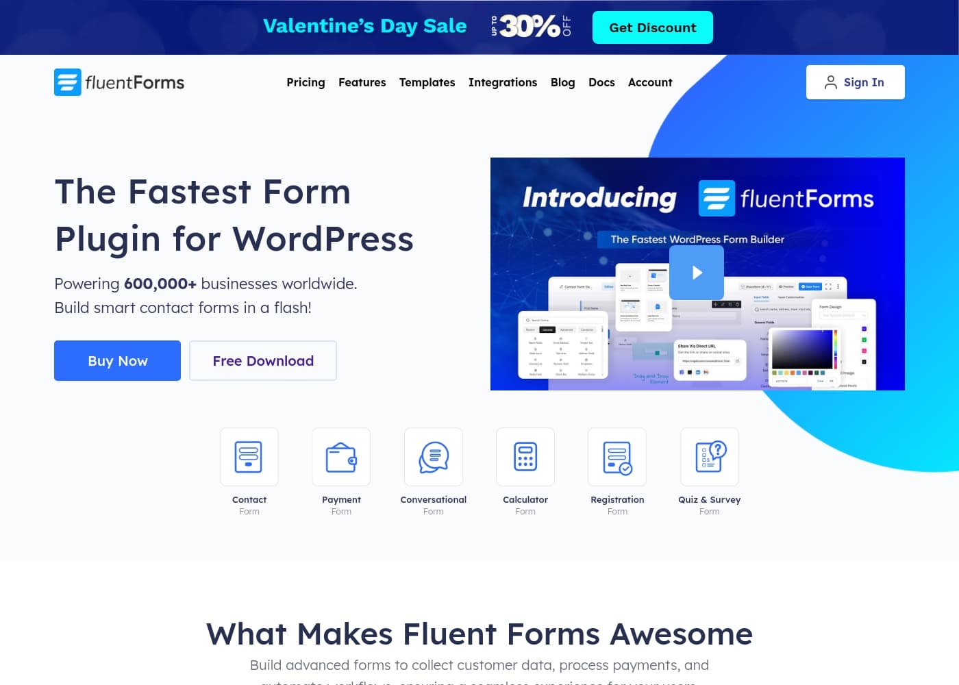 Capture d'écran de la page d'accueil Fluent Forms