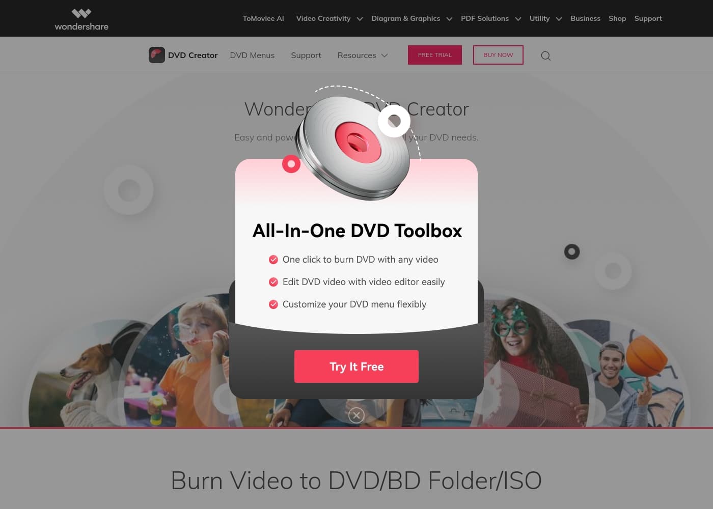 Wondershare DVD Creator 홈페이지 스크린샷