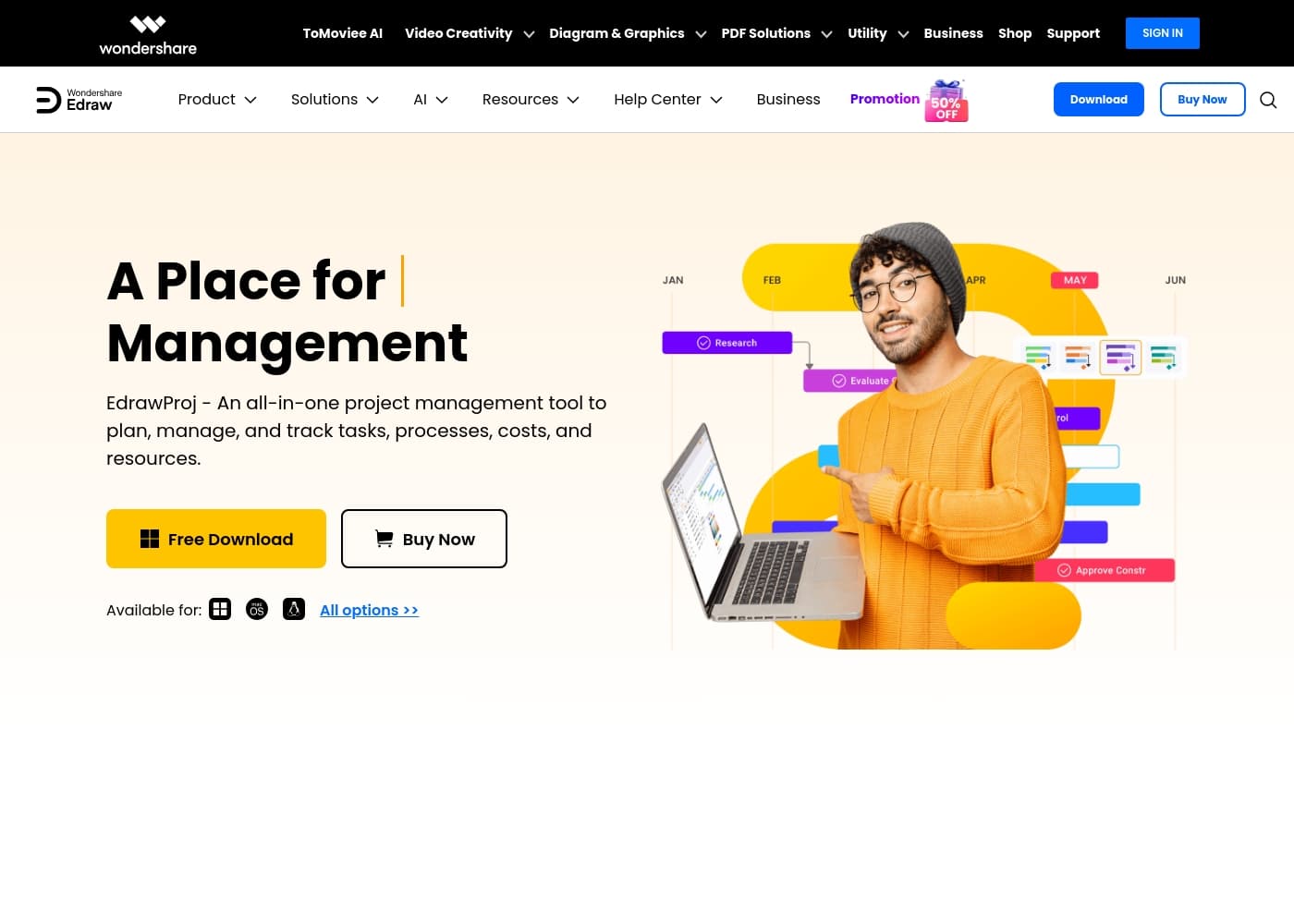 Captura de ecrã da página inicial do EdrawProj