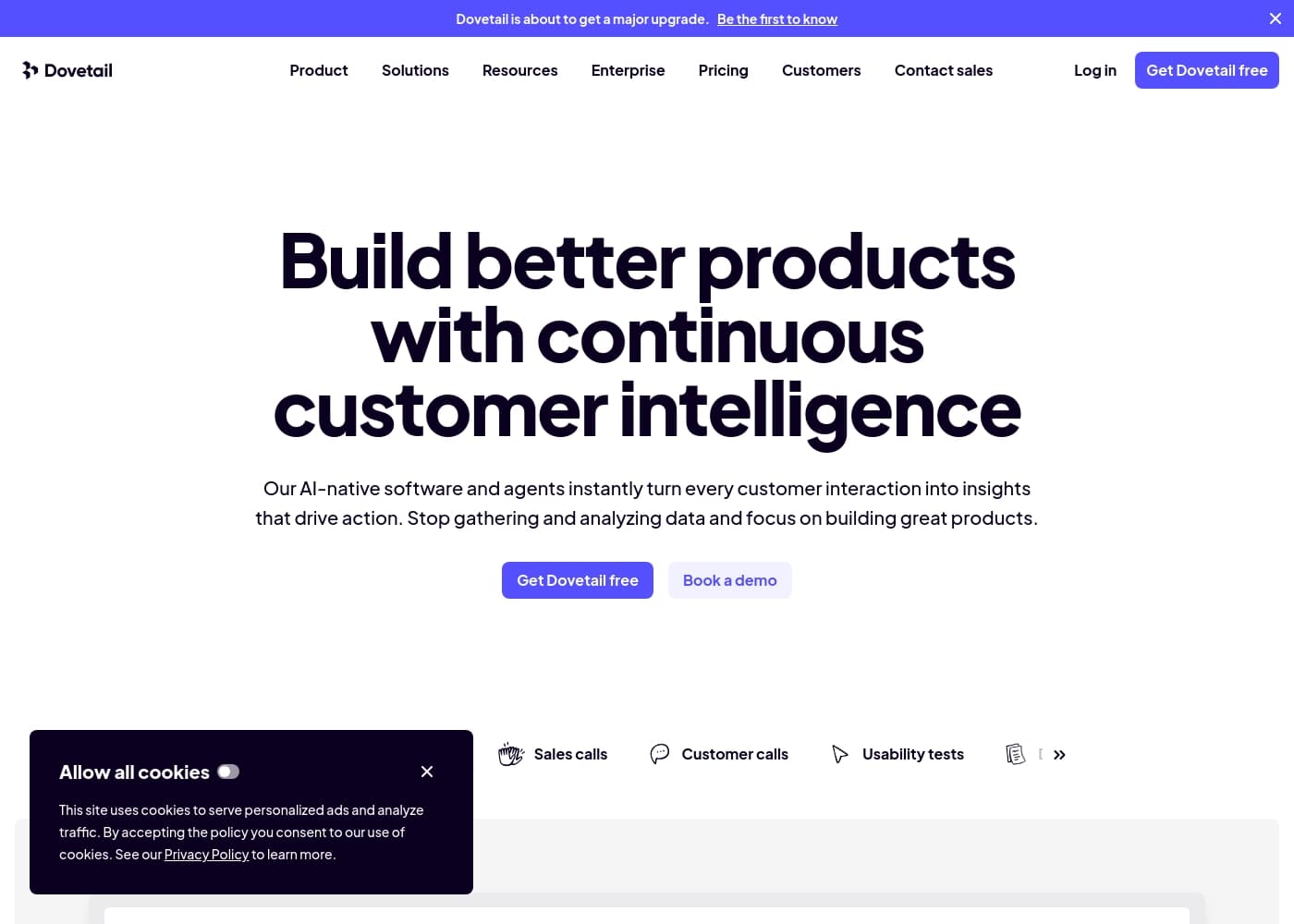 Dovetail 홈페이지 스크린샷