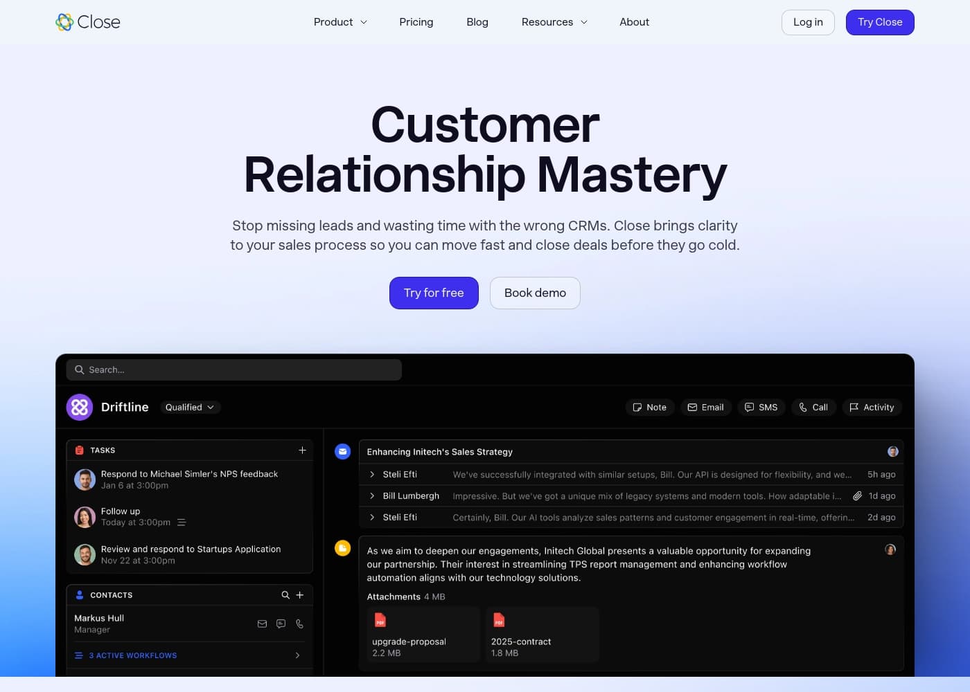 Captura de pantalla de la página de inicio de Close CRM