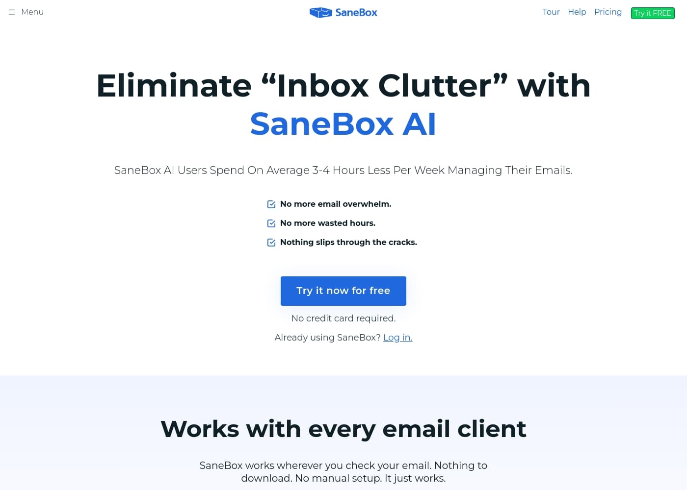 SaneBoxのホームページスクリーンショット
