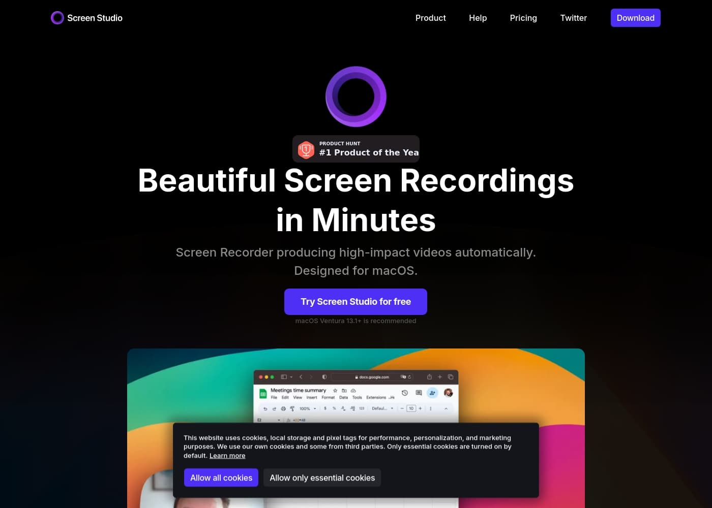 Screen Studio ana sayfa ekran görüntüsü