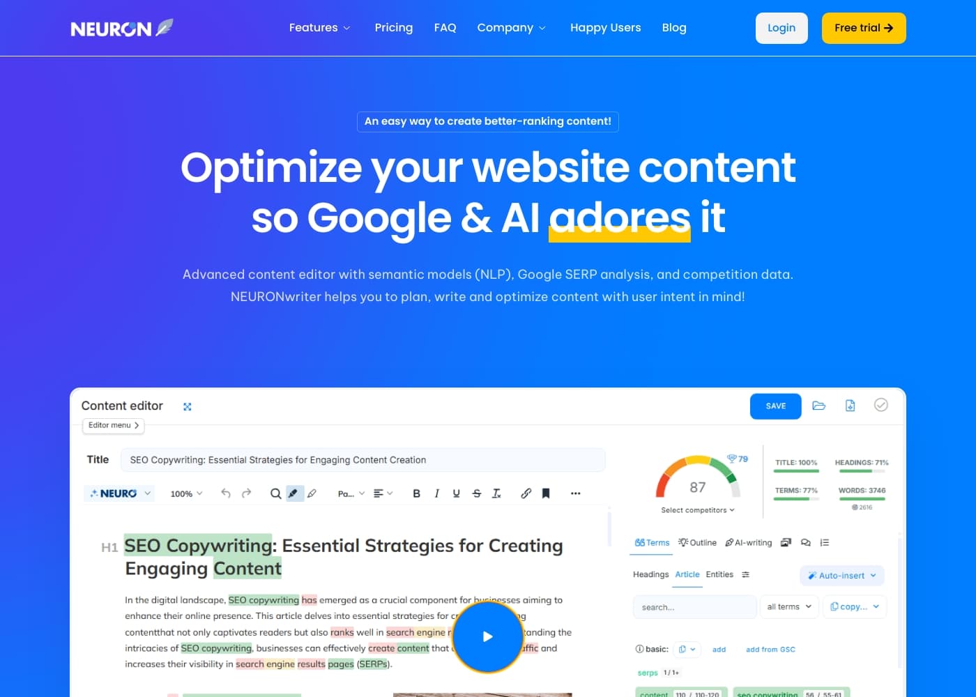 NeuronWriterのホームページスクリーンショット