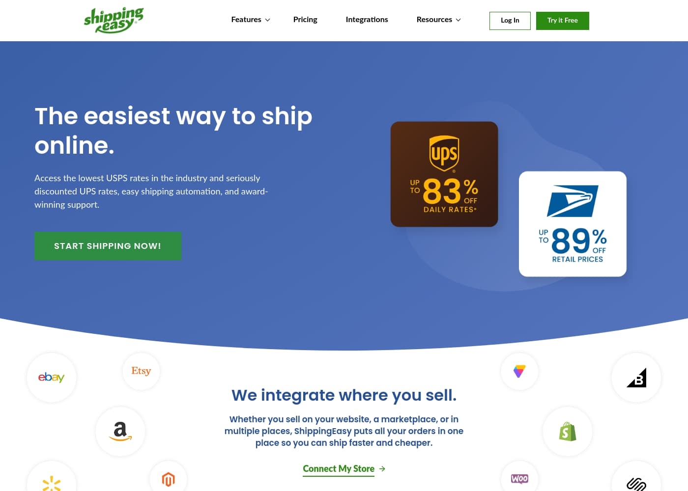 Captura de pantalla de la página de inicio de ShippingEasy