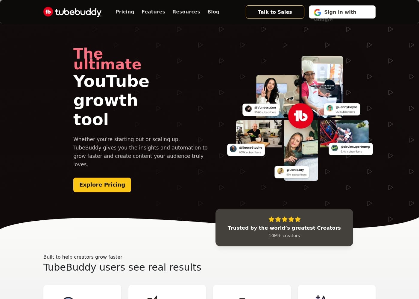 Screenshot della homepage di TubeBuddy