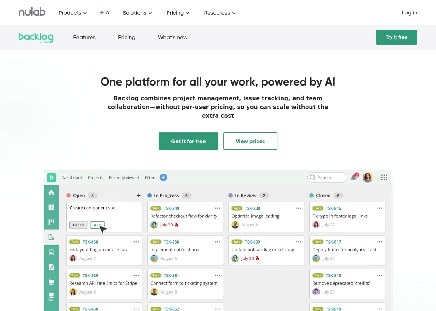 ภาพหน้าจอหลักของ Backlog by Nulab Inc
