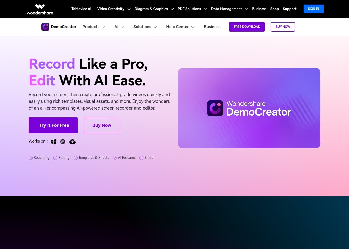 DemoCreator 홈페이지 스크린샷
