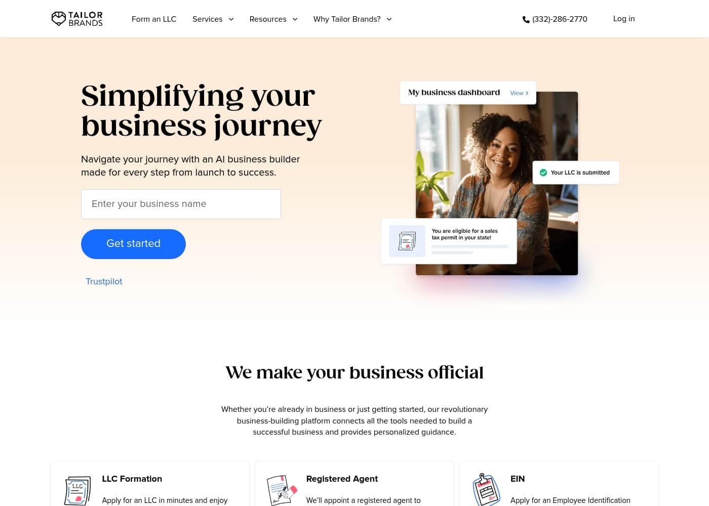 Capture d'écran de la page d'accueil Tailor Brands