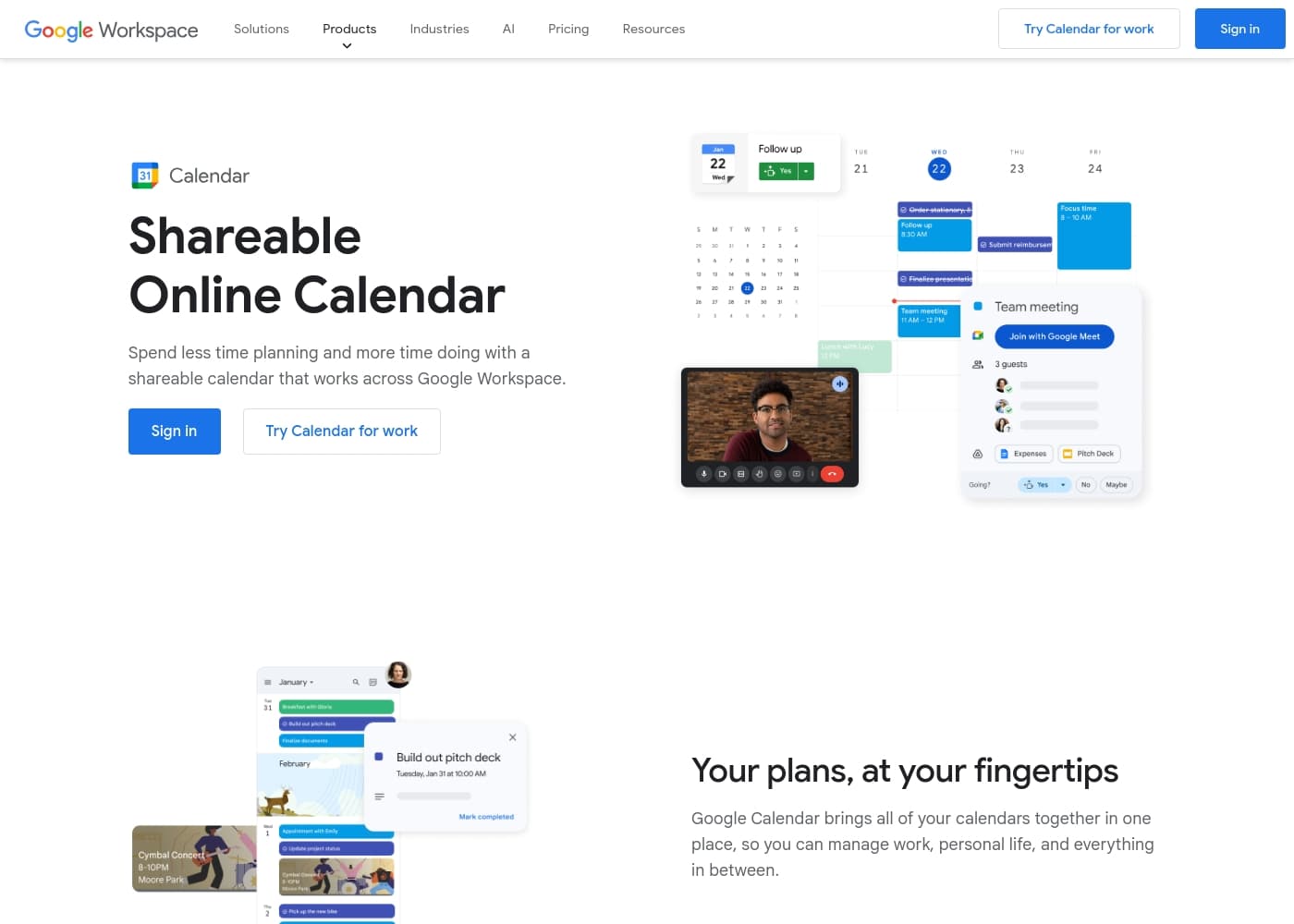 ภาพหน้าจอหลักของ Google Calendar