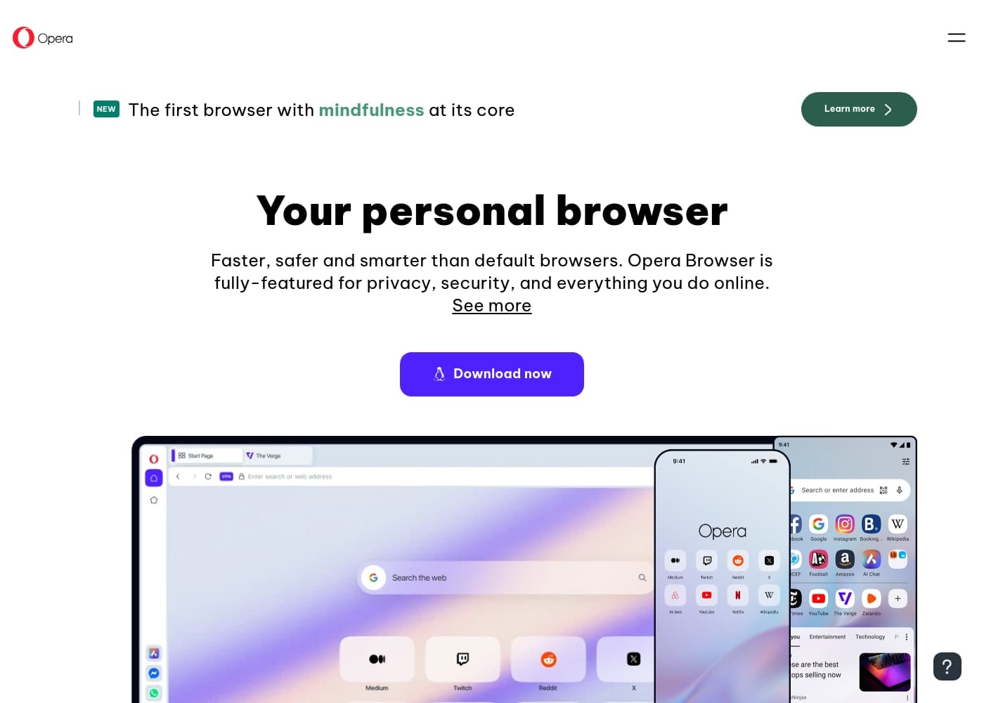 Zrzut ekranu strony głównej Opera