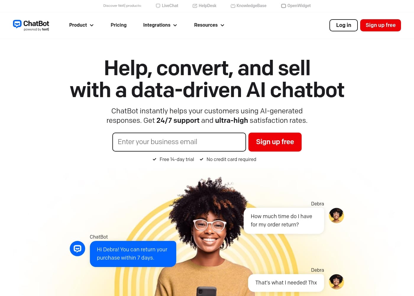 Chatbotのホームページスクリーンショット