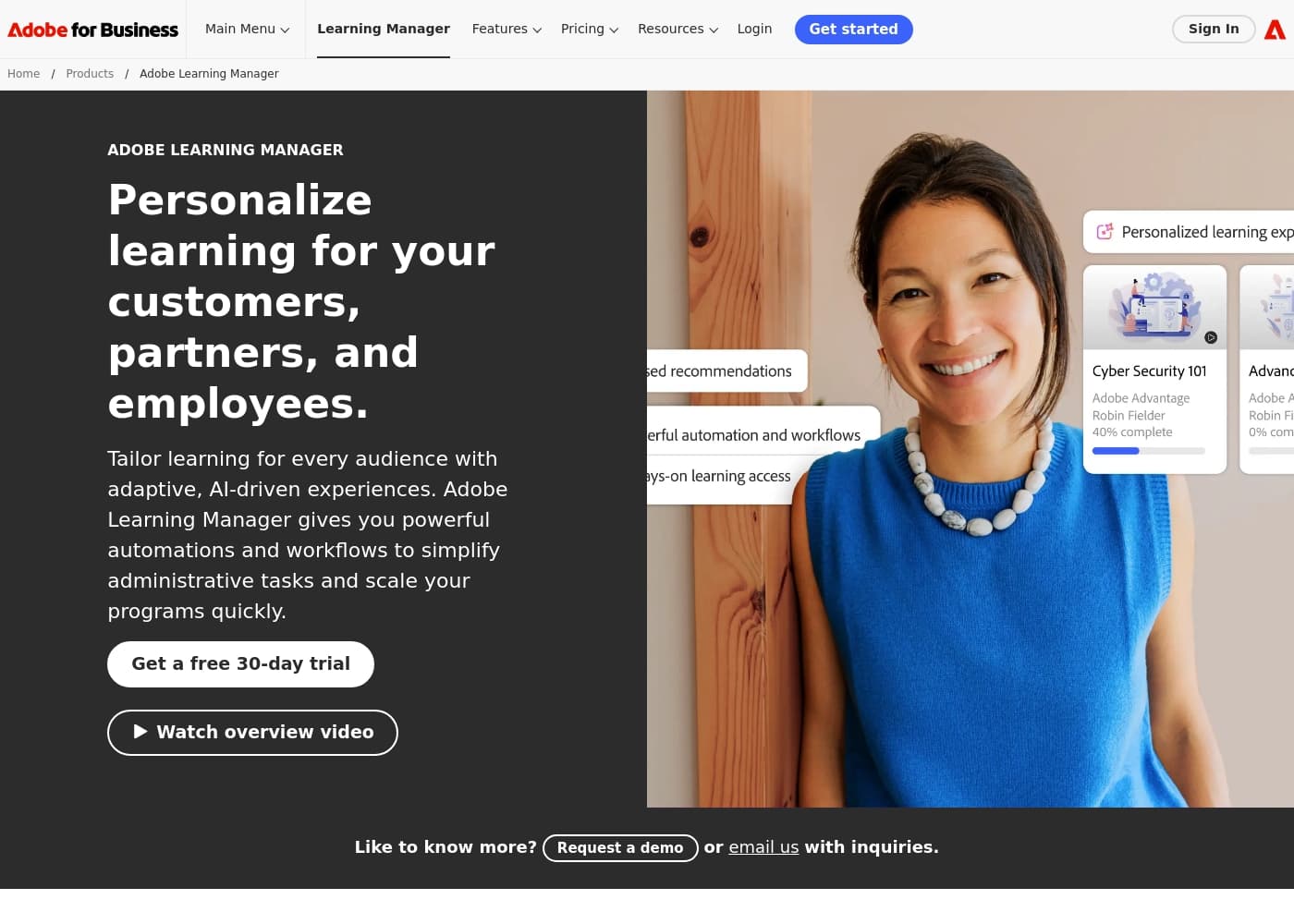 Adobe Learning Manager 홈페이지 스크린샷