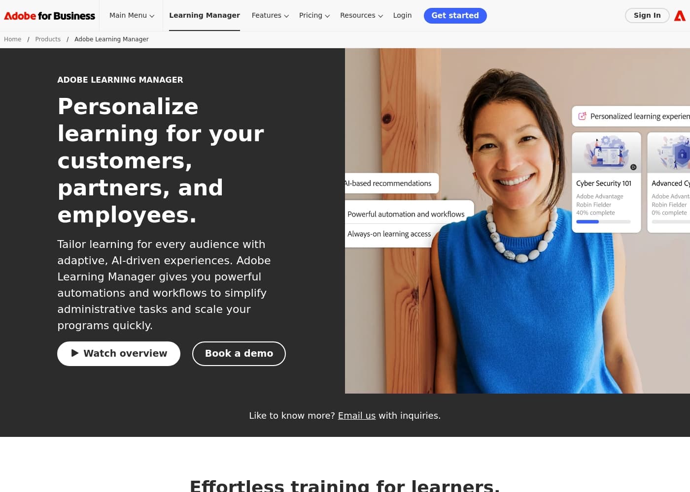 Capture d'écran de la page d'accueil Adobe Learning Manager