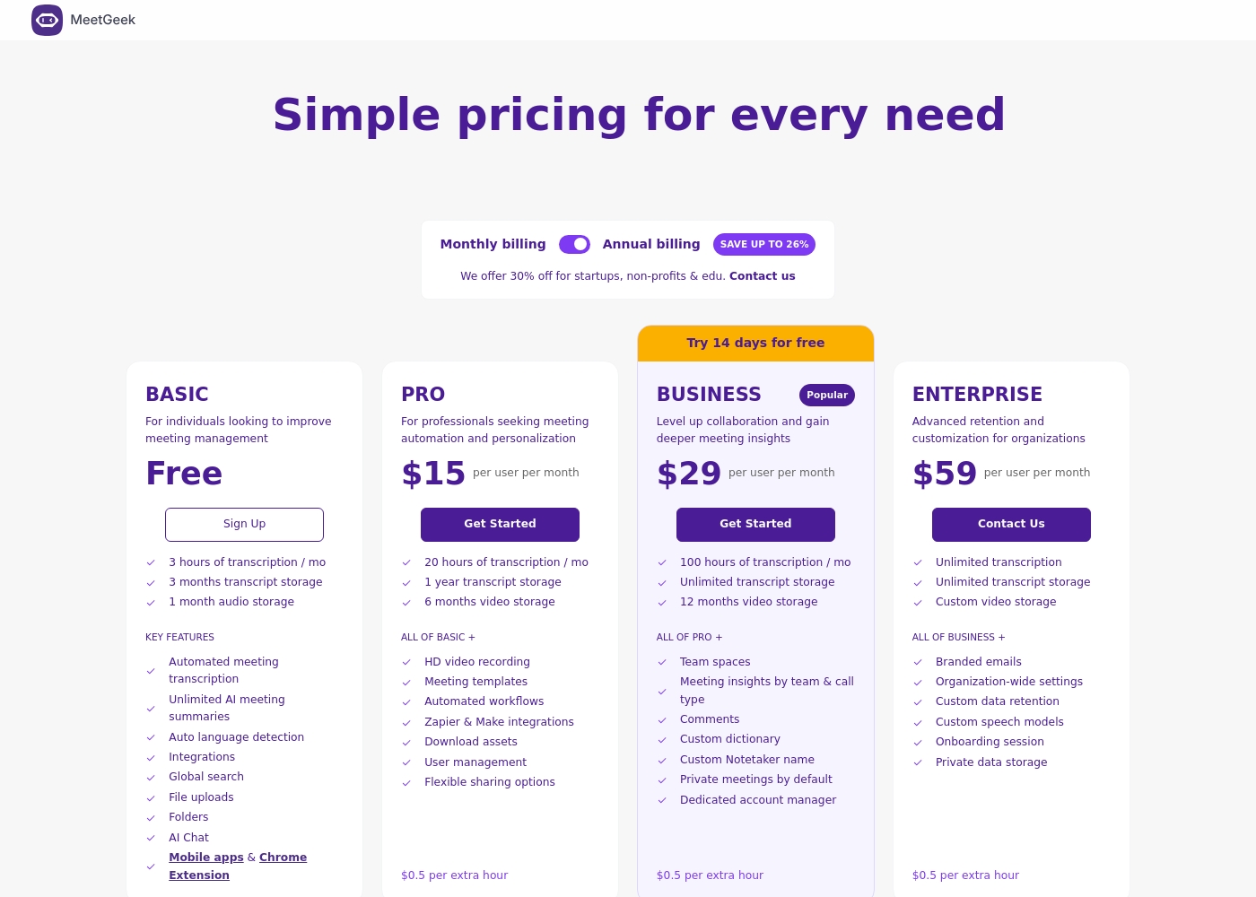 MeetGeek pricing screenshot