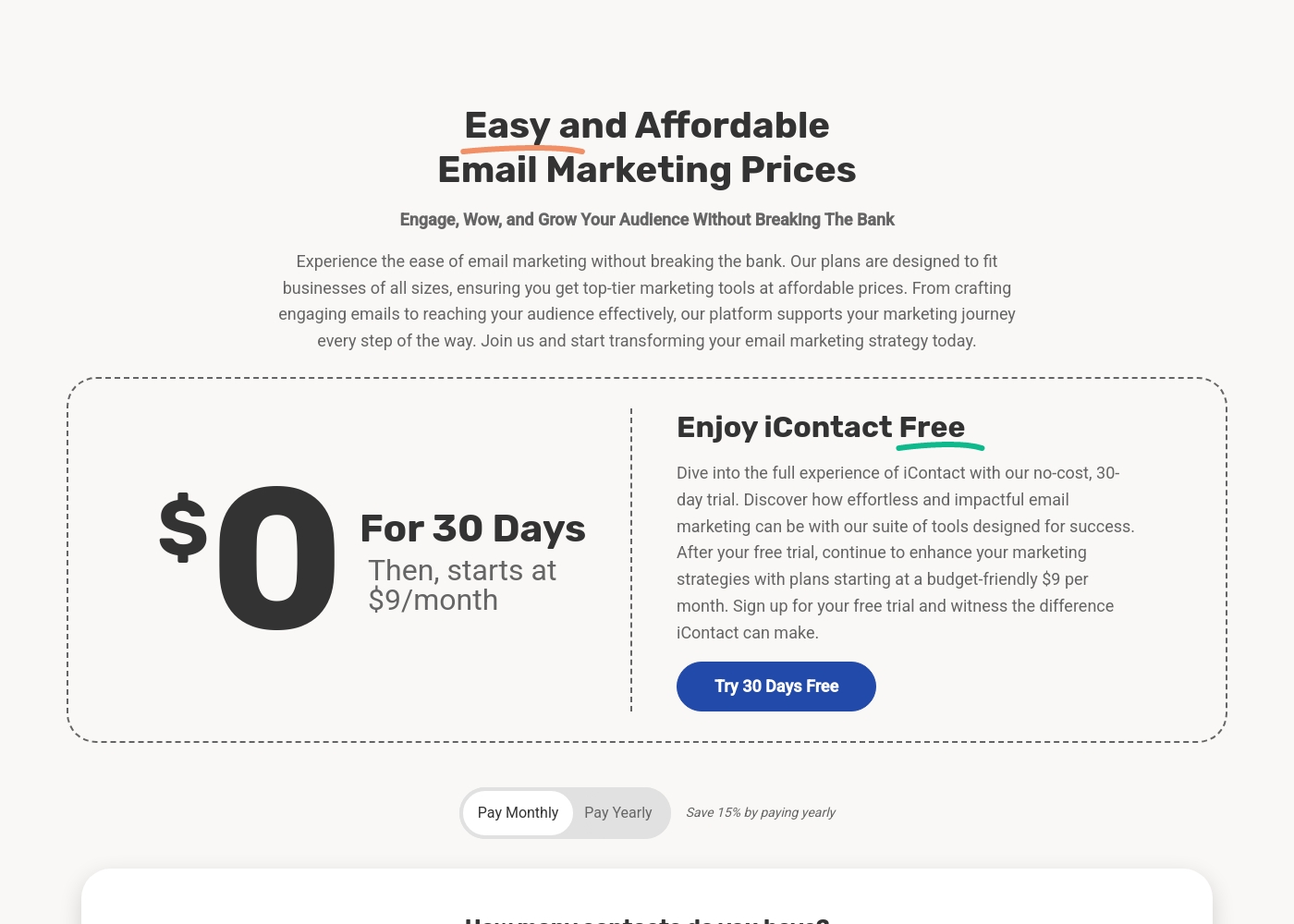 iContact pricing screenshot