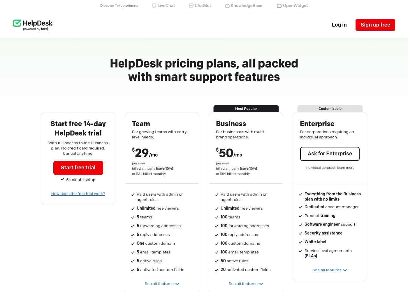 HelpDesk pricing screenshot