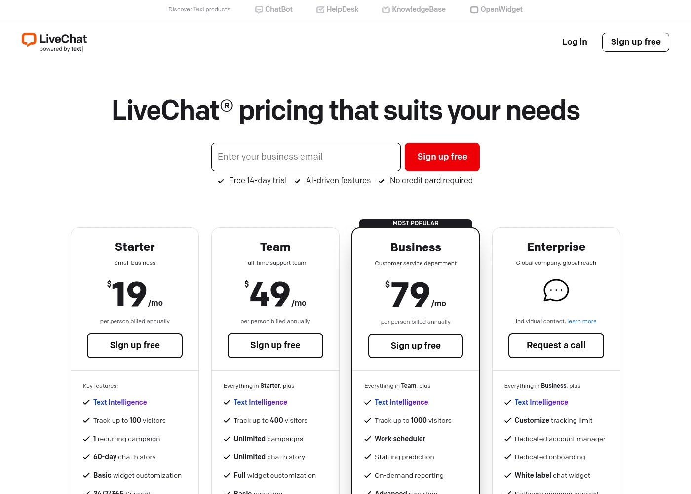 LiveChat pricing screenshot