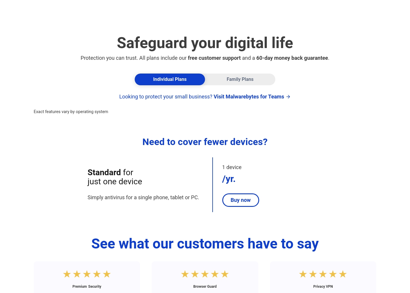 Malwarebytes pricing screenshot