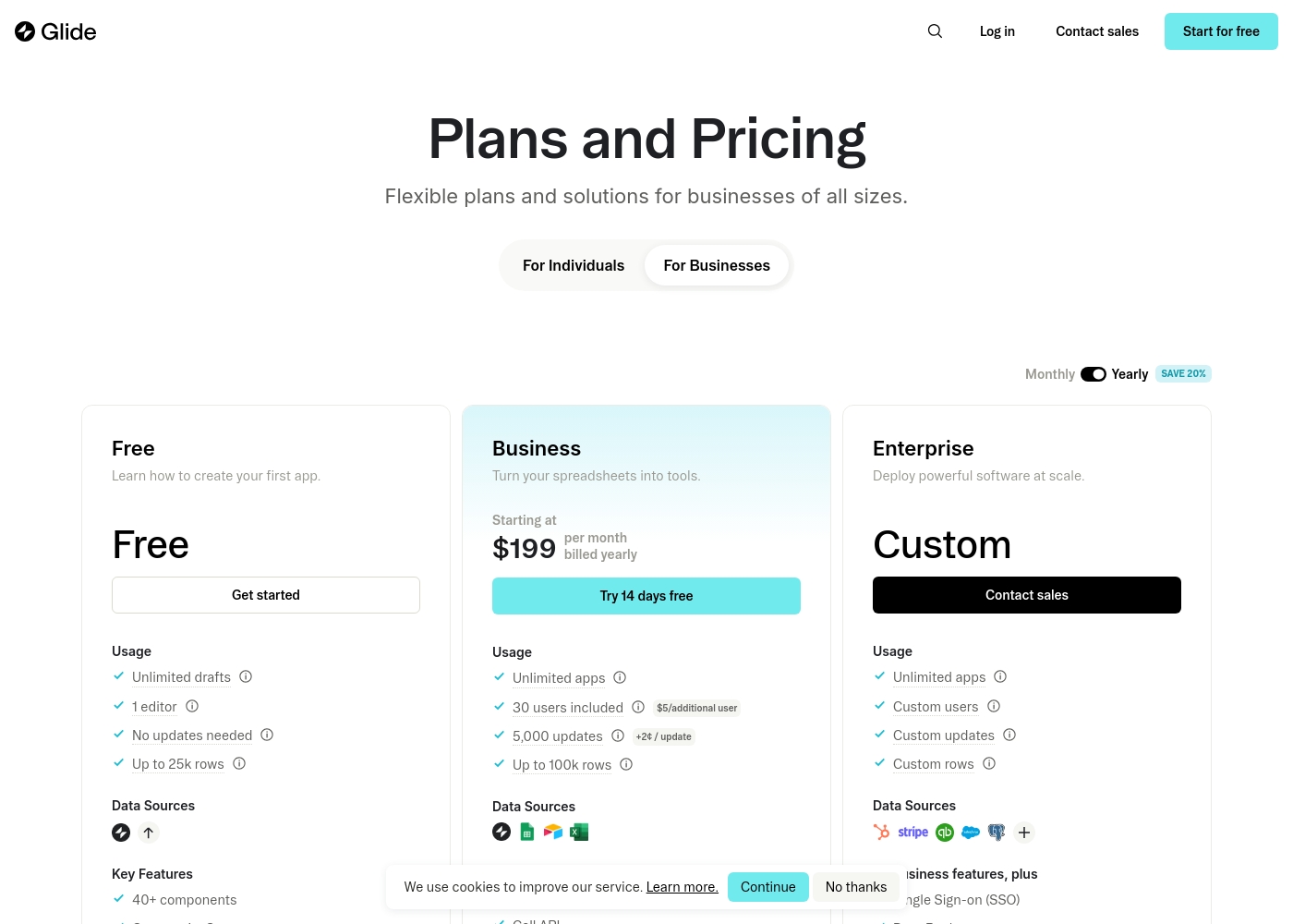 Glide pricing screenshot