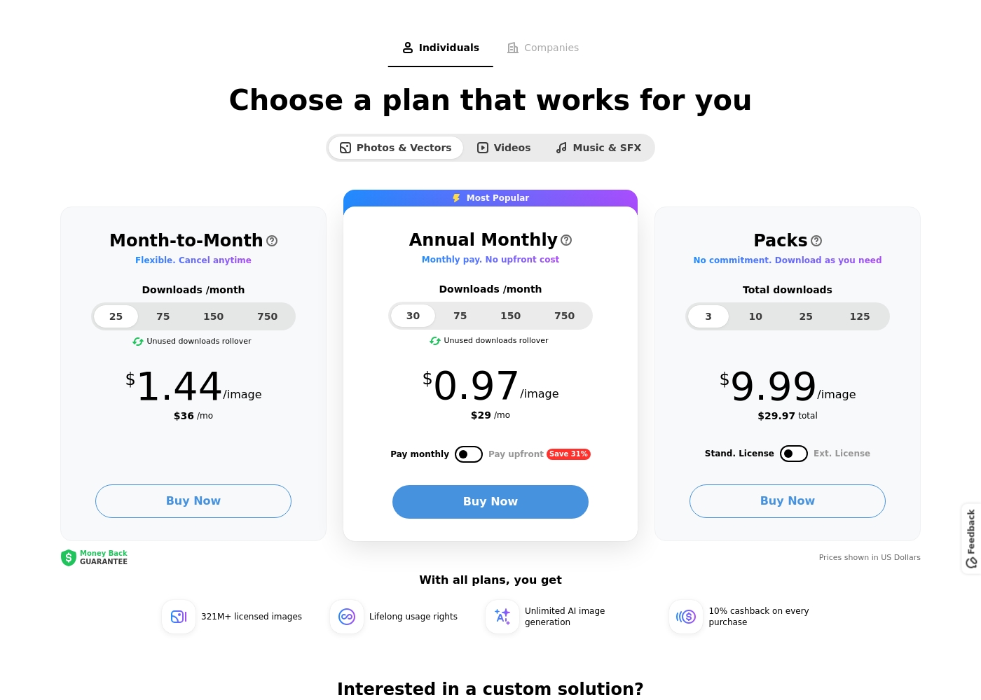 Depositphotos pricing screenshot