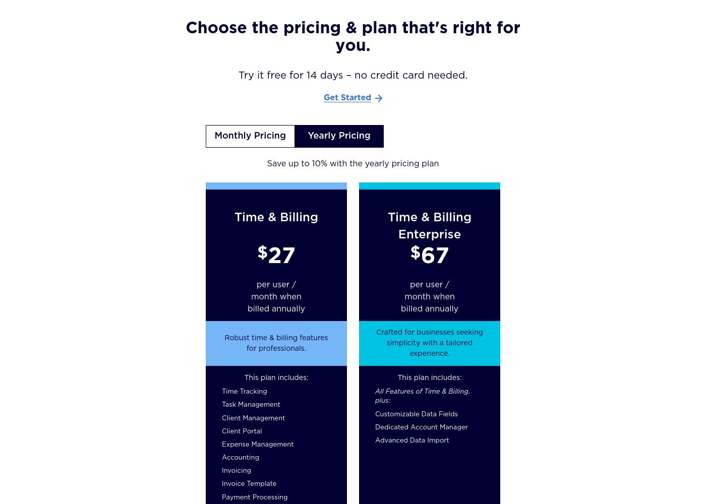 Bill4Time pricing screenshot
