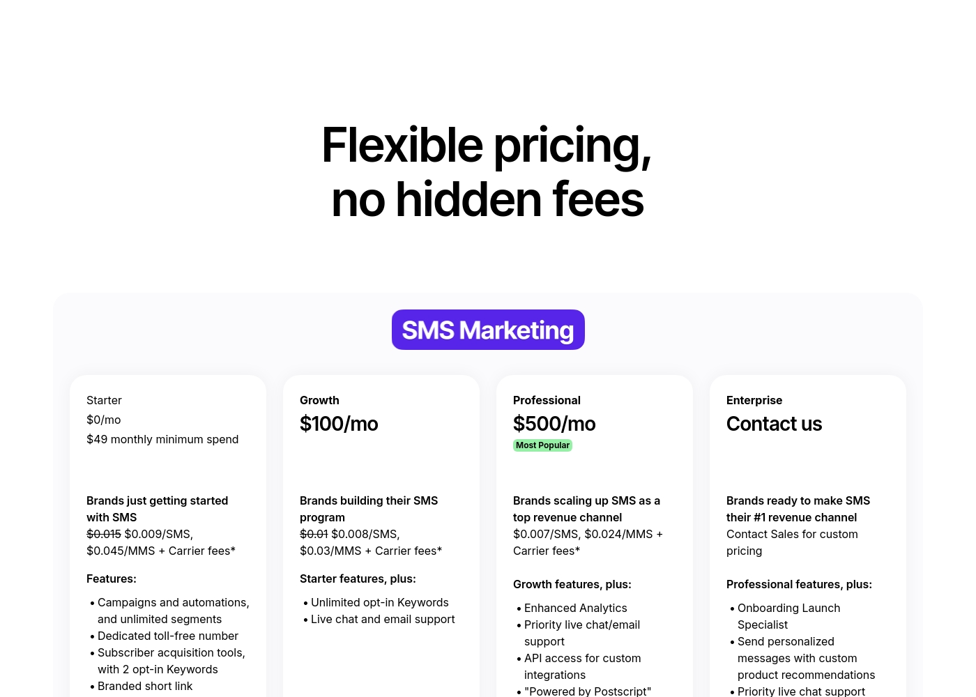 Postscript pricing screenshot