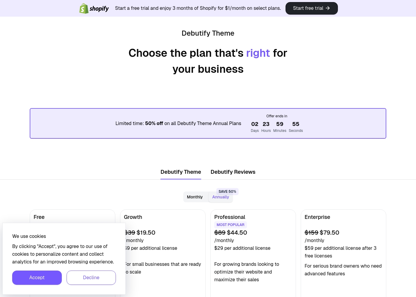 Debutify pricing screenshot
