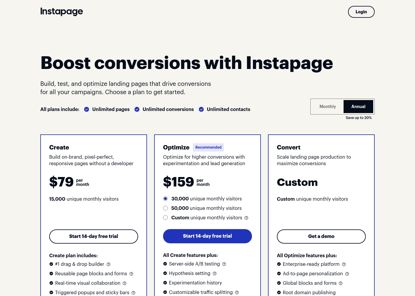 Instapage pricing screenshot