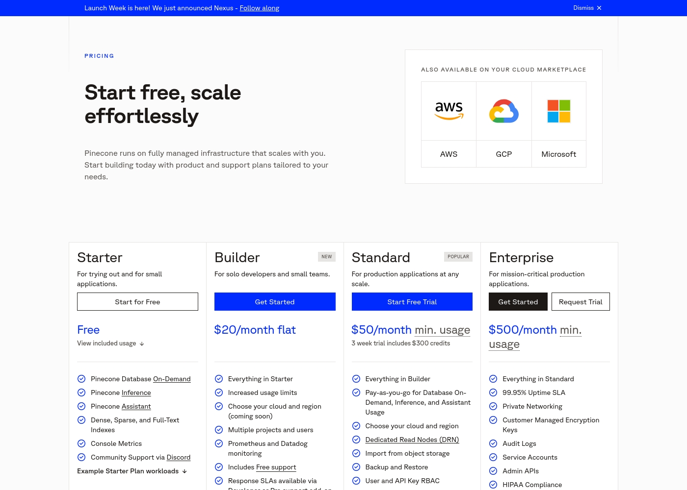 Pinecone pricing screenshot