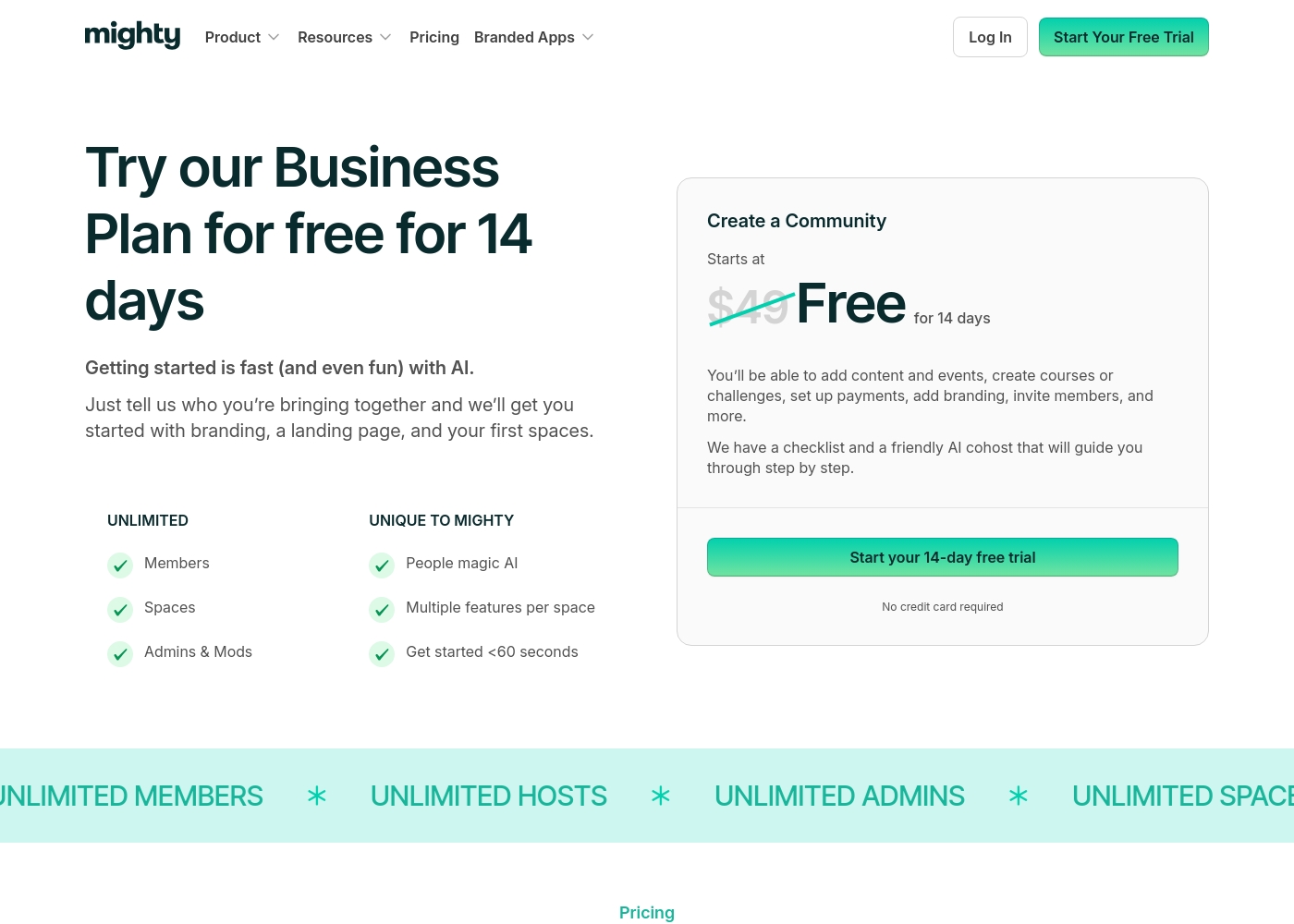 Mighty Networks pricing screenshot