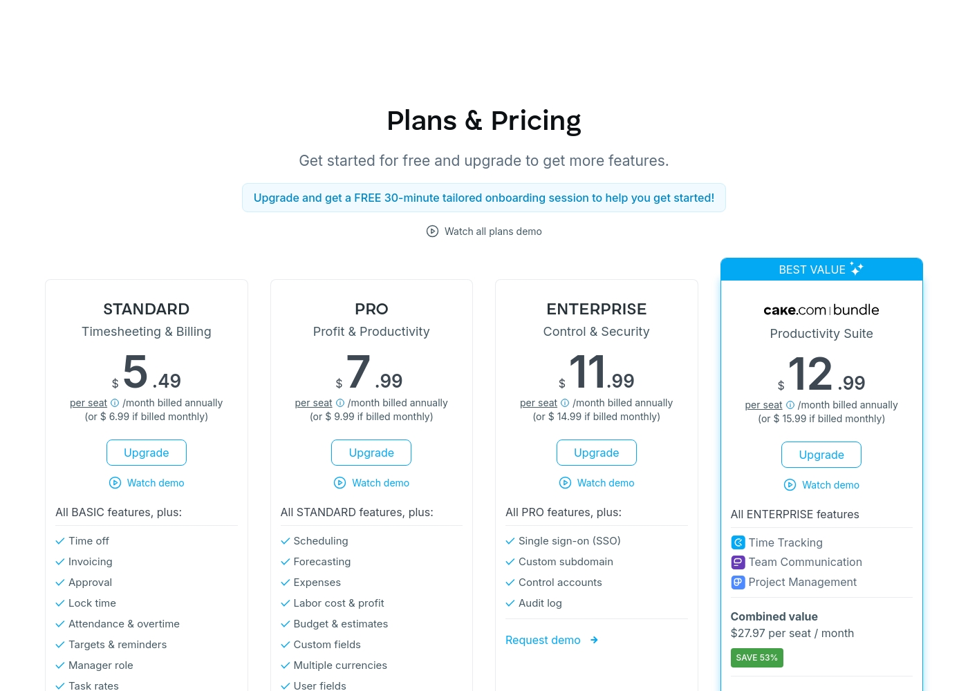 Clockify pricing screenshot