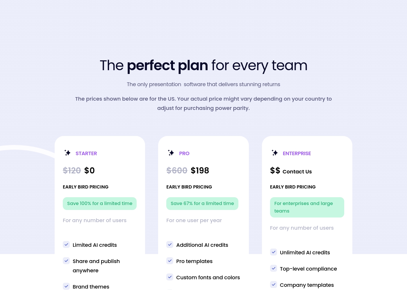 Presentations.AI pricing screenshot