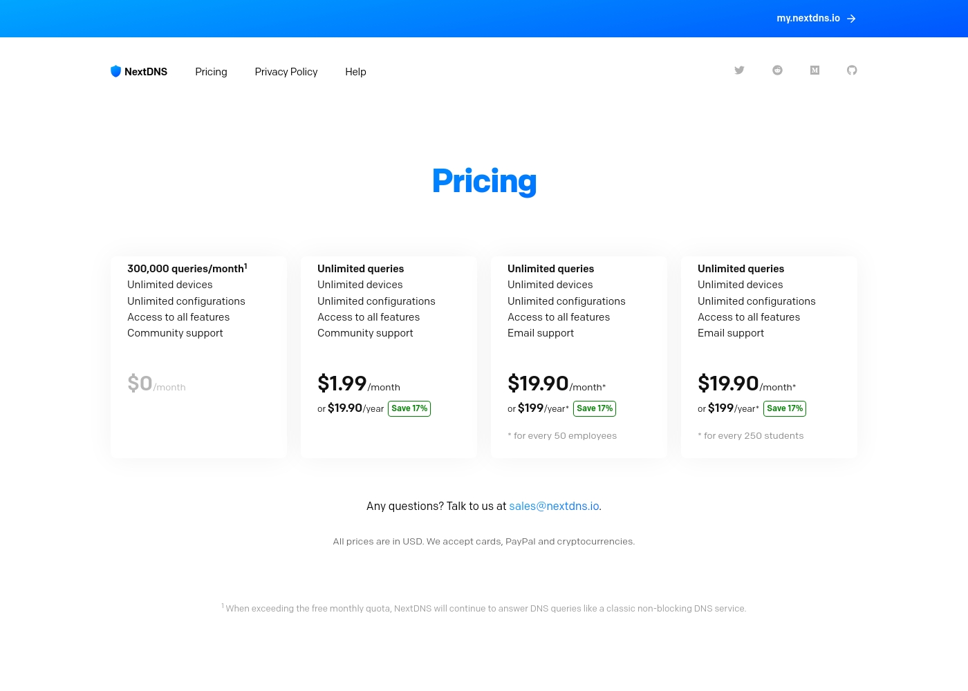 NextDNS pricing screenshot