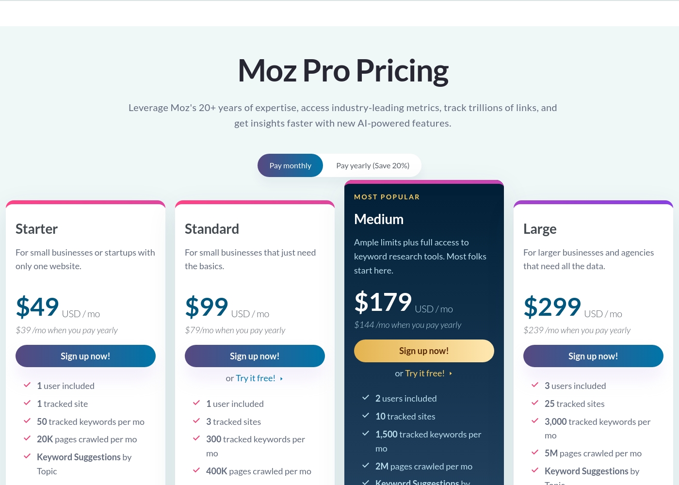 Moz pricing screenshot