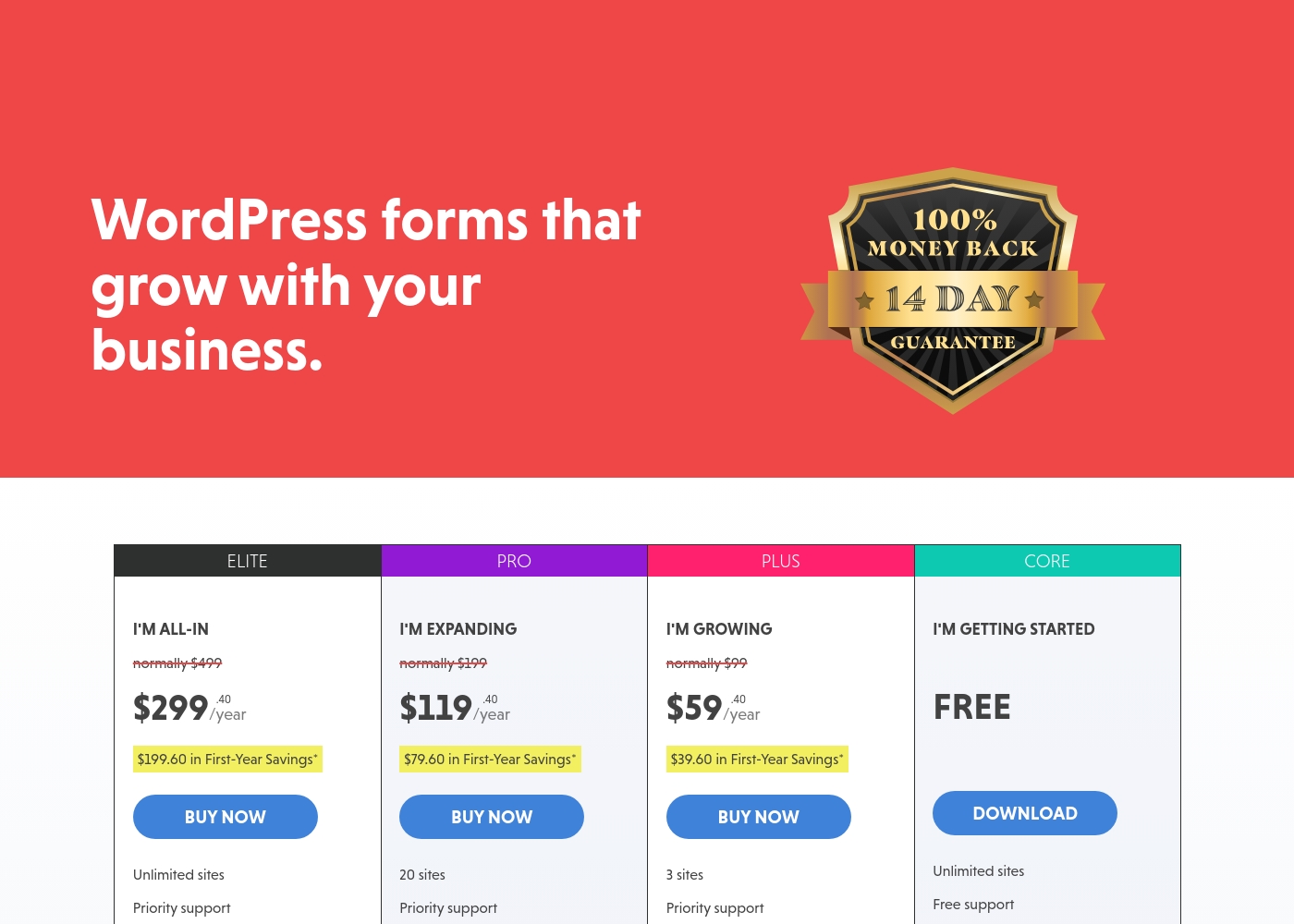 Ninja Forms pricing screenshot