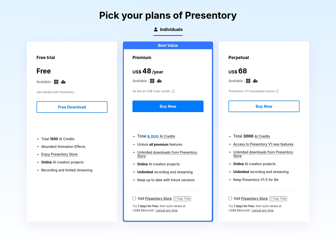Presentory pricing screenshot