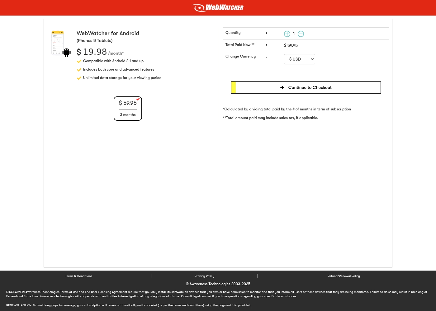 Webwatcher pricing screenshot