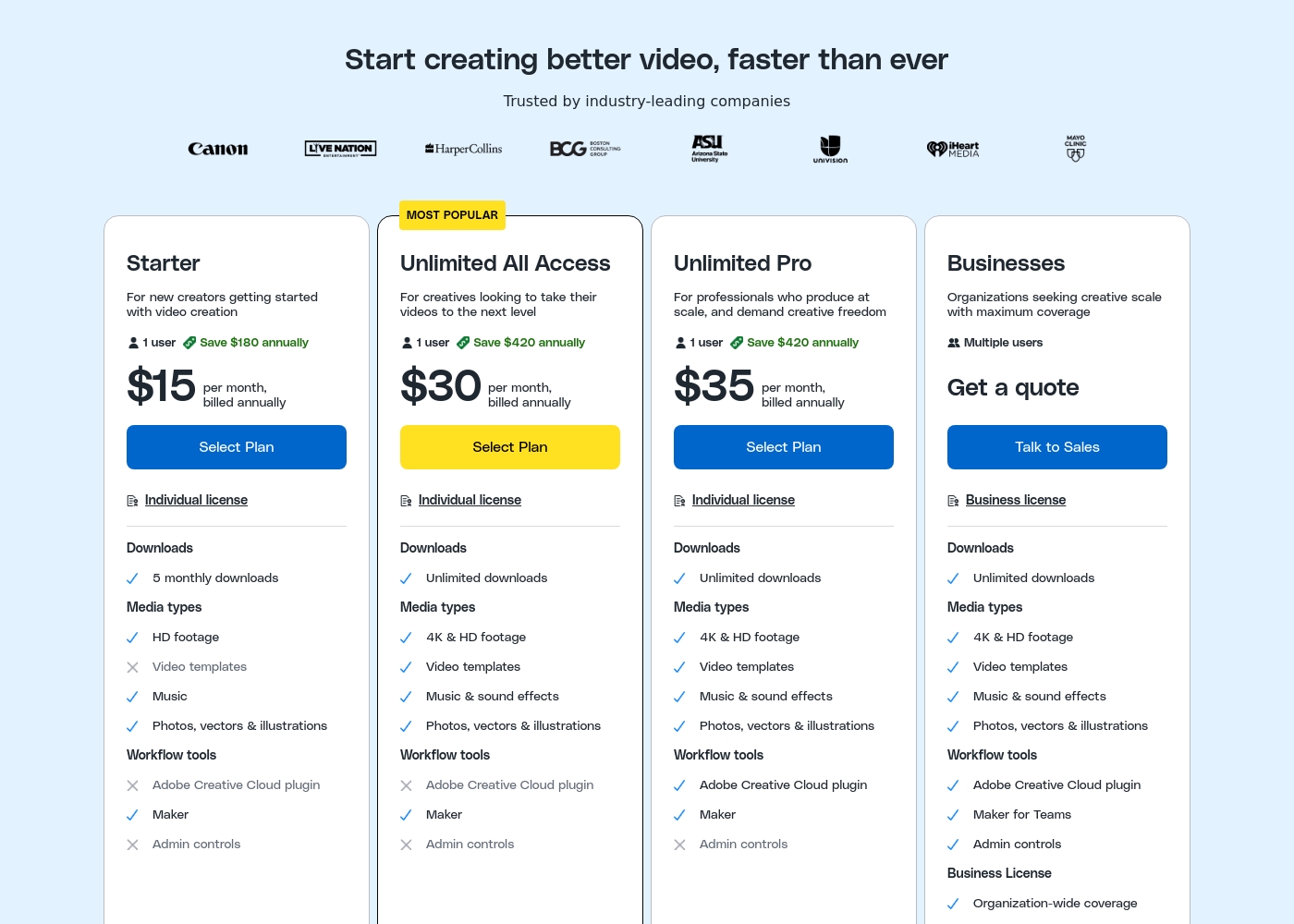Storyblocks pricing screenshot